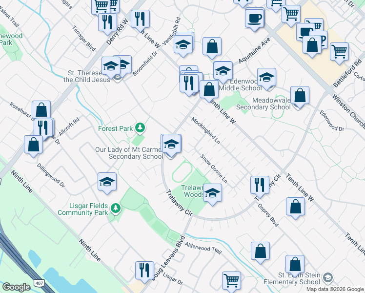 map of restaurants, bars, coffee shops, grocery stores, and more near 6722 Snow Goose Lane in Mississauga