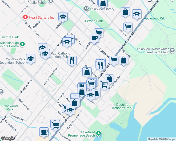 map of restaurants, bars, coffee shops, grocery stores, and more near 1058 Alexandra Avenue in Mississauga
