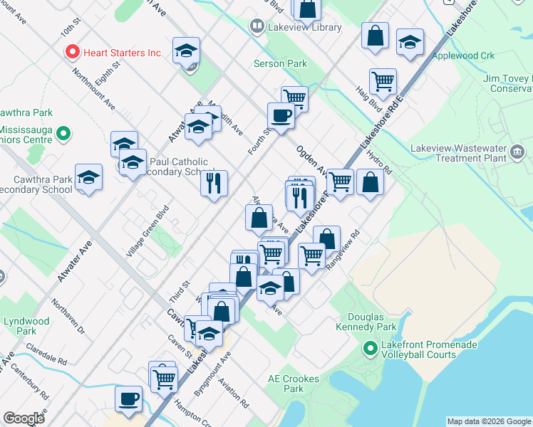 map of restaurants, bars, coffee shops, grocery stores, and more near 1052 Alexandra Avenue in Mississauga