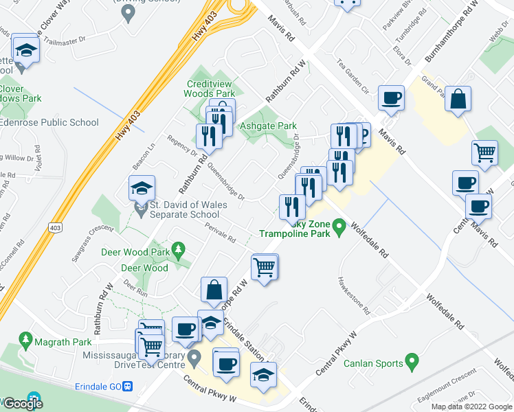 map of restaurants, bars, coffee shops, grocery stores, and more near 3949 Teakwood Drive in Mississauga