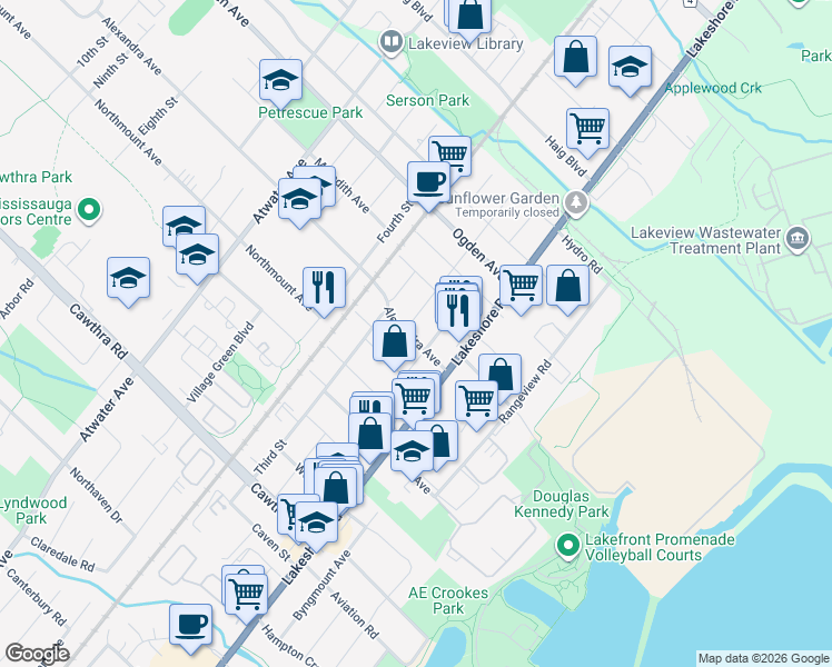 map of restaurants, bars, coffee shops, grocery stores, and more near 1043 Alexandra Avenue in Mississauga