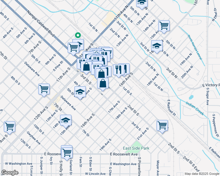 map of restaurants, bars, coffee shops, grocery stores, and more near 1508 2nd Street South in Nampa