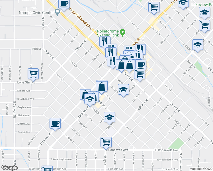map of restaurants, bars, coffee shops, grocery stores, and more near 1201 6th Street South in Nampa