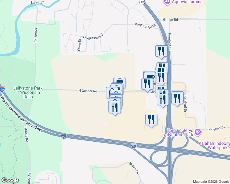 map of restaurants, bars, coffee shops, grocery stores, and more near 150 Gasser Rd in Baraboo