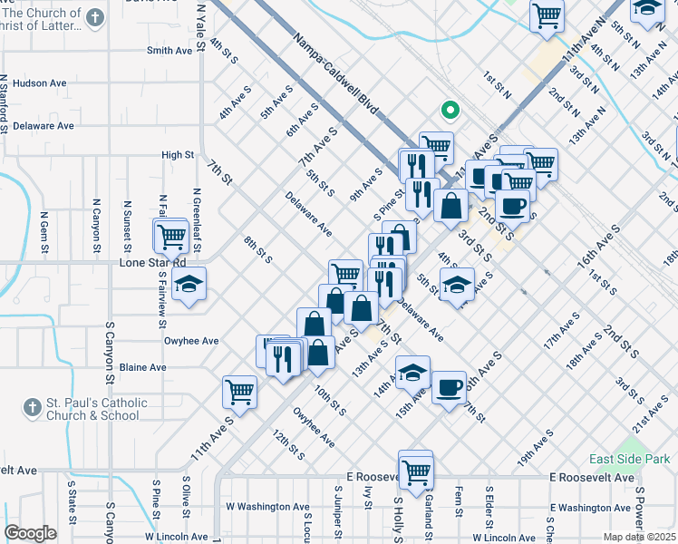 map of restaurants, bars, coffee shops, grocery stores, and more near 620 10th Avenue South in Nampa