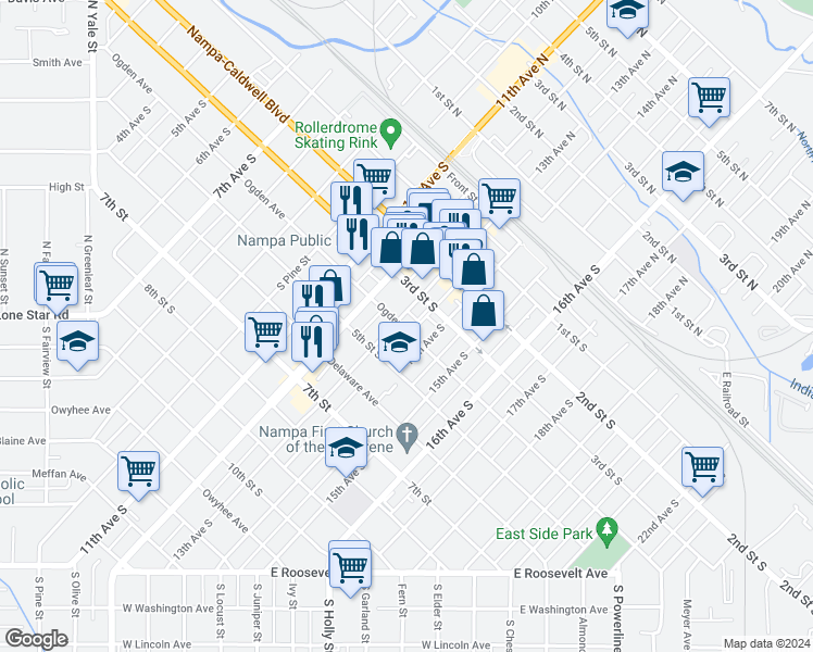 map of restaurants, bars, coffee shops, grocery stores, and more near 1308 4th Street South in Nampa