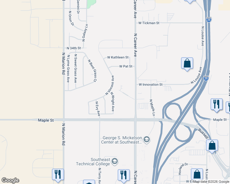 map of restaurants, bars, coffee shops, grocery stores, and more near 2609 North Wright Avenue in Sioux Falls