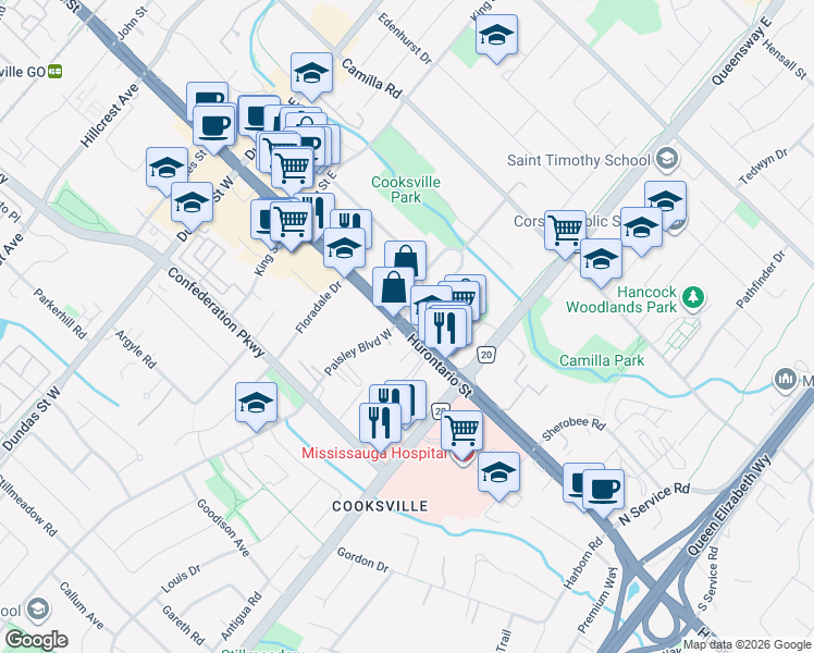 map of restaurants, bars, coffee shops, grocery stores, and more near 2475 Hurontario Street in Mississauga
