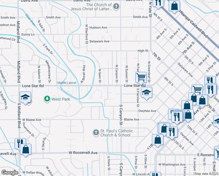map of restaurants, bars, coffee shops, grocery stores, and more near 15 South State Street in Nampa