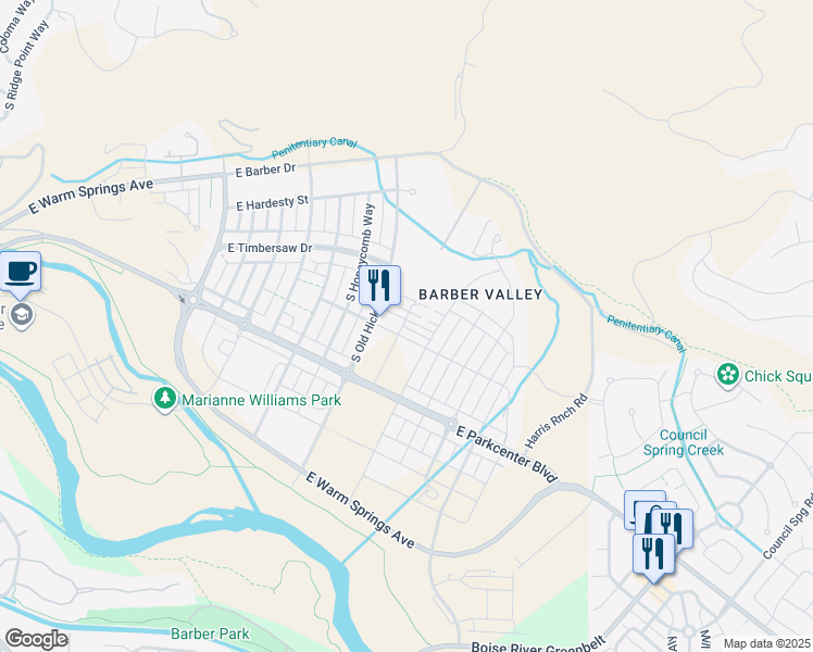 map of restaurants, bars, coffee shops, grocery stores, and more near 3000 South Old Hickory Way in Boise