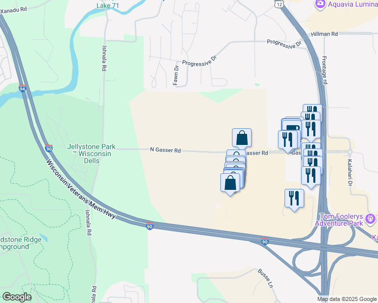 map of restaurants, bars, coffee shops, grocery stores, and more near North Gasser Road in Baraboo