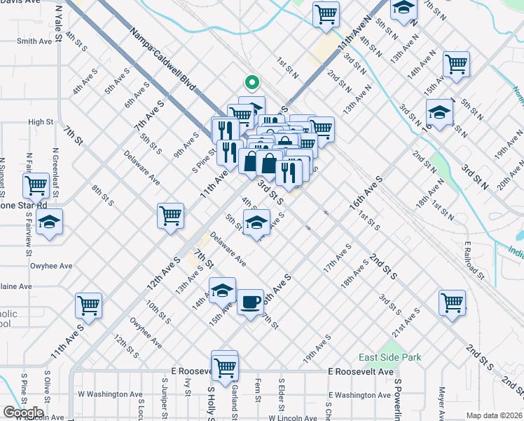 map of restaurants, bars, coffee shops, grocery stores, and more near 324 13th Avenue South in Nampa