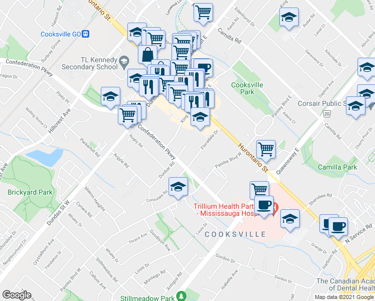 map of restaurants, bars, coffee shops, grocery stores, and more near 86 Dunbar Road in Mississauga