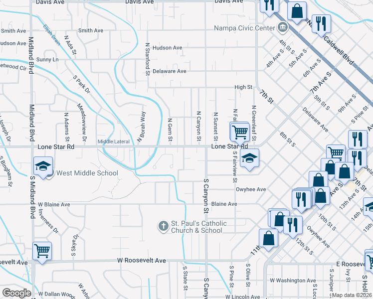 map of restaurants, bars, coffee shops, grocery stores, and more near 7 North State Street in Nampa