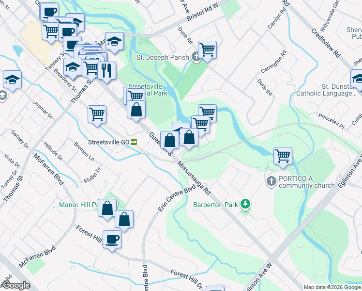 map of restaurants, bars, coffee shops, grocery stores, and more near 10 Reid Drive in Mississauga