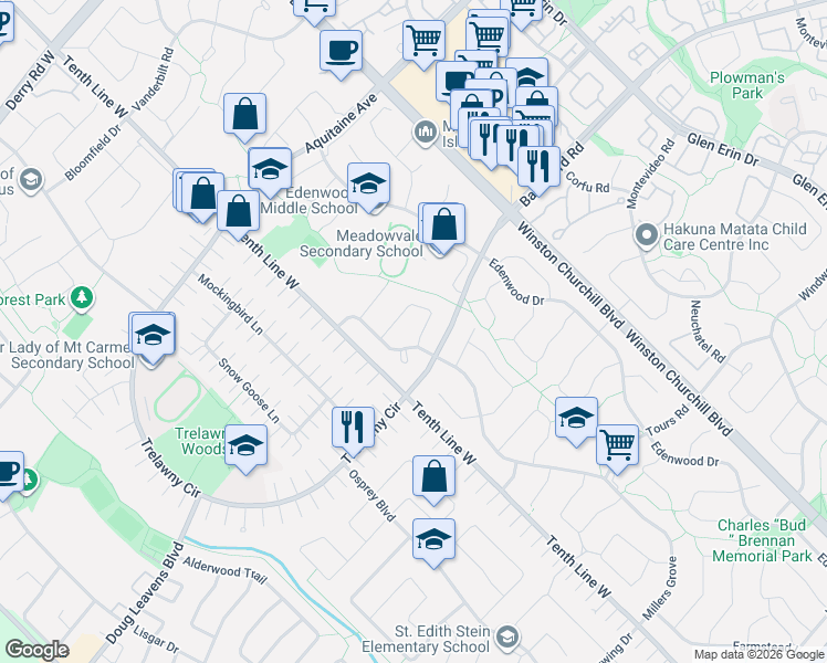 map of restaurants, bars, coffee shops, grocery stores, and more near 3088 Spring Creek Crescent in Mississauga