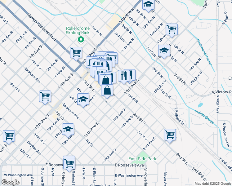 map of restaurants, bars, coffee shops, grocery stores, and more near 1508 2nd Street South in Nampa