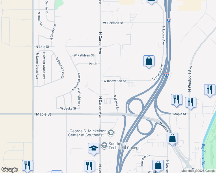 map of restaurants, bars, coffee shops, grocery stores, and more near 4107 West Innovation Street in Sioux Falls