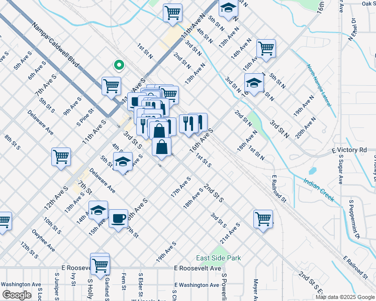 map of restaurants, bars, coffee shops, grocery stores, and more near 1512 1st Street South in Nampa