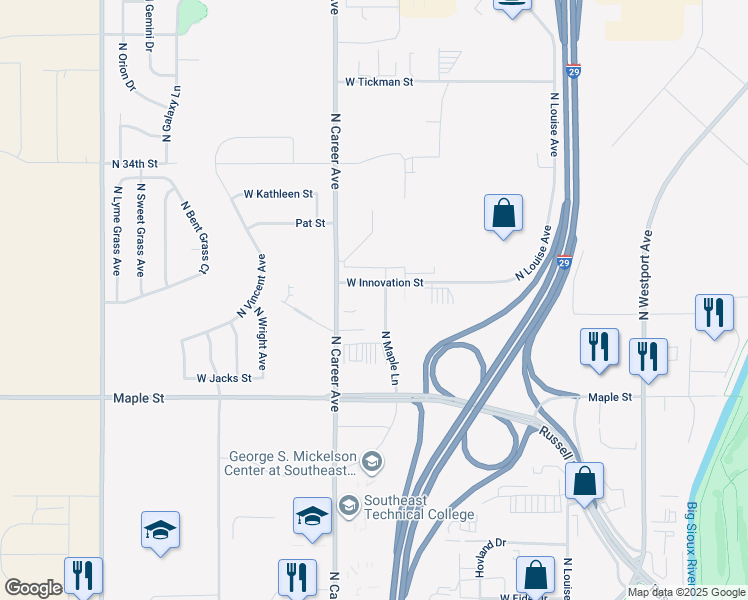 map of restaurants, bars, coffee shops, grocery stores, and more near 4000-4198 West Innovation Street in Sioux Falls
