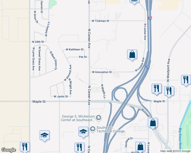 map of restaurants, bars, coffee shops, grocery stores, and more near 4000-4198 West Innovation Street in Sioux Falls