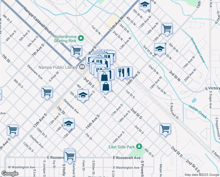 map of restaurants, bars, coffee shops, grocery stores, and more near 2nd St S & 15th Ave S in Nampa