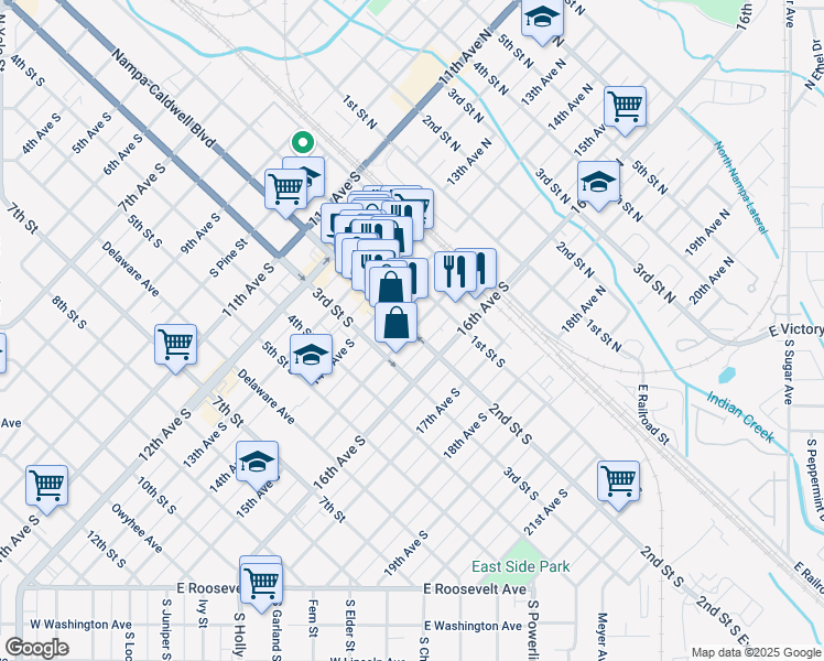 map of restaurants, bars, coffee shops, grocery stores, and more near 2nd St S & 15th Ave S in Nampa