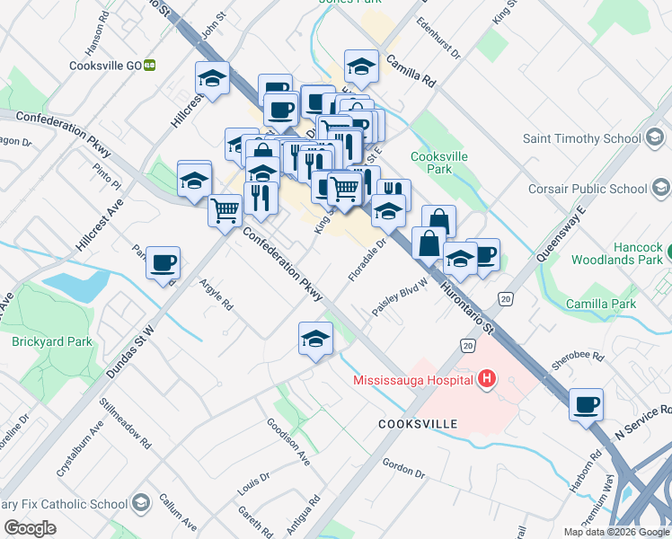map of restaurants, bars, coffee shops, grocery stores, and more near 80 King Street West in Mississauga
