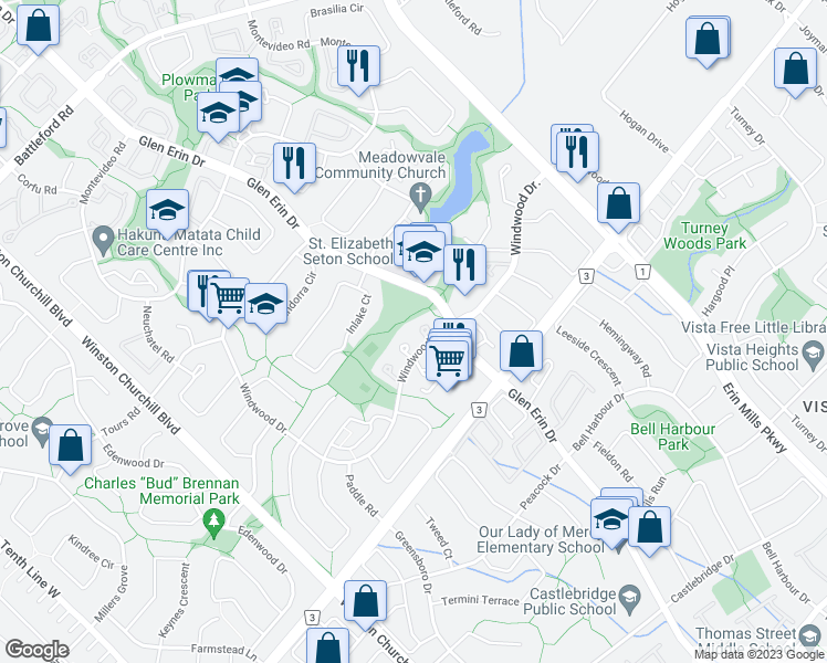 map of restaurants, bars, coffee shops, grocery stores, and more near 2755 Windwood Drive in Mississauga