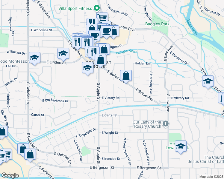 map of restaurants, bars, coffee shops, grocery stores, and more near 912 East Twin Willow Court in Boise