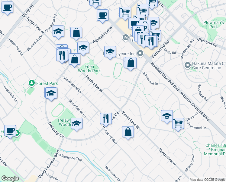 map of restaurants, bars, coffee shops, grocery stores, and more near 5033 Spring Creek Crescent in Mississauga