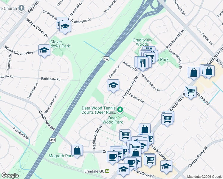 map of restaurants, bars, coffee shops, grocery stores, and more near 4225 Beacon Lane in Mississauga