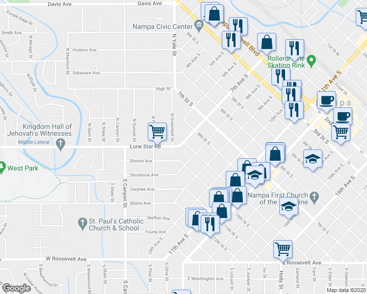 map of restaurants, bars, coffee shops, grocery stores, and more near 703 9th Street South in Nampa