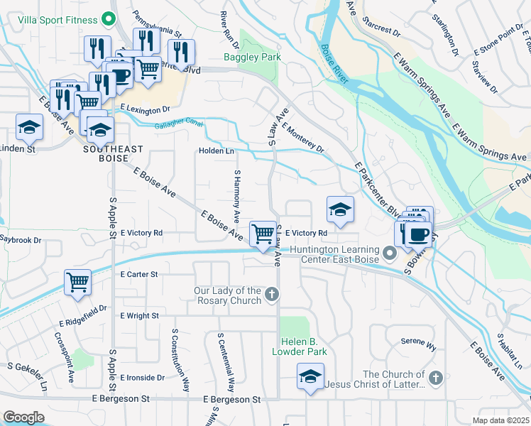 map of restaurants, bars, coffee shops, grocery stores, and more near 2865 South Law Avenue in Boise