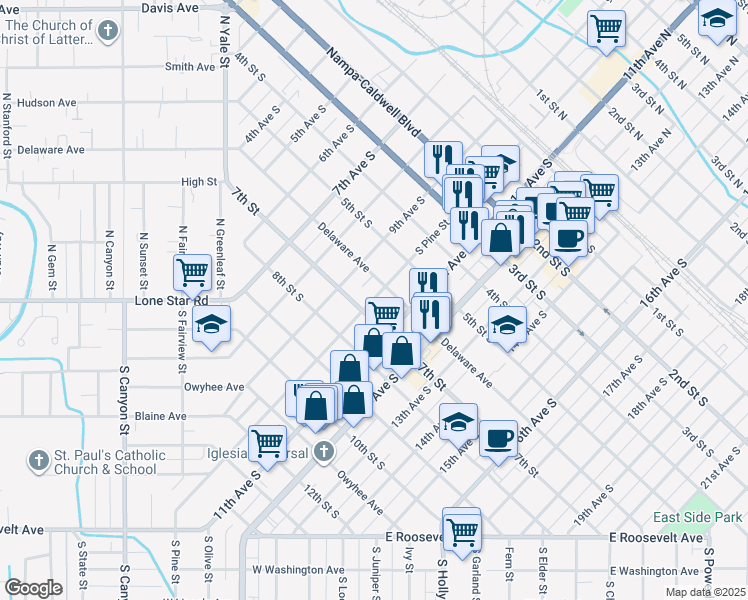 map of restaurants, bars, coffee shops, grocery stores, and more near 616 9th Avenue South in Nampa
