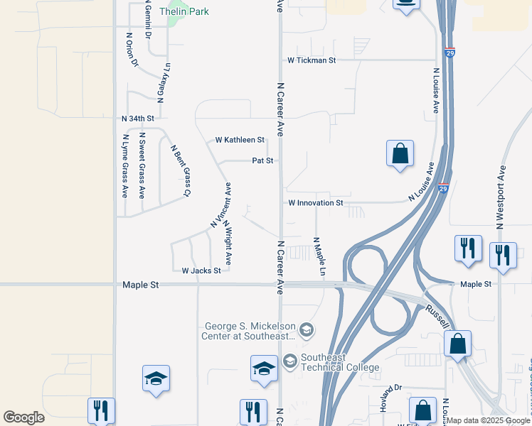 map of restaurants, bars, coffee shops, grocery stores, and more near 2501 North Career Avenue in Sioux Falls