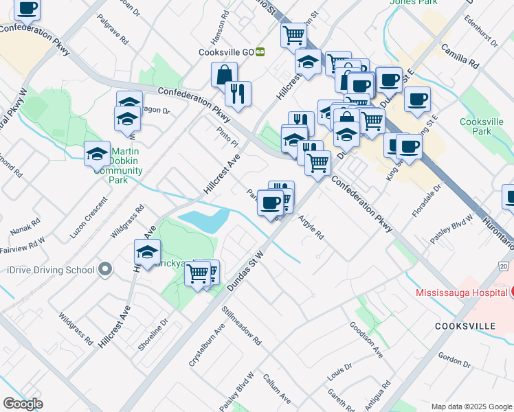 map of restaurants, bars, coffee shops, grocery stores, and more near 3052 Parkerhill Road in Mississauga