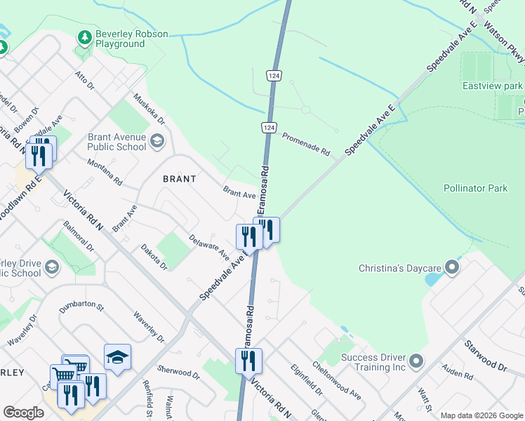 map of restaurants, bars, coffee shops, grocery stores, and more near 141 Brant Avenue in Guelph