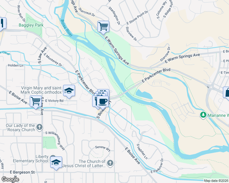 map of restaurants, bars, coffee shops, grocery stores, and more near 2392 East Gossamer Lane in Boise