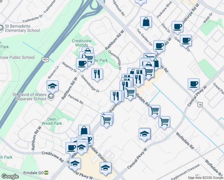 map of restaurants, bars, coffee shops, grocery stores, and more near 888 Messenger Meadow Drive in Mississauga