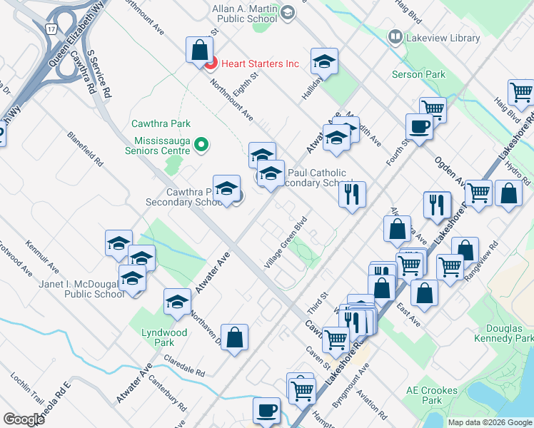 map of restaurants, bars, coffee shops, grocery stores, and more near 1241 Parkwest Place in Mississauga