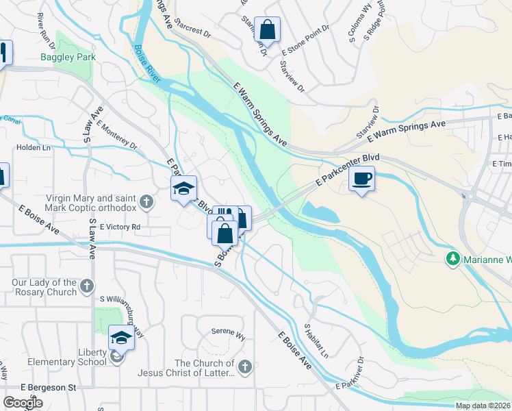 map of restaurants, bars, coffee shops, grocery stores, and more near 2392 East Gossamer Lane in Boise
