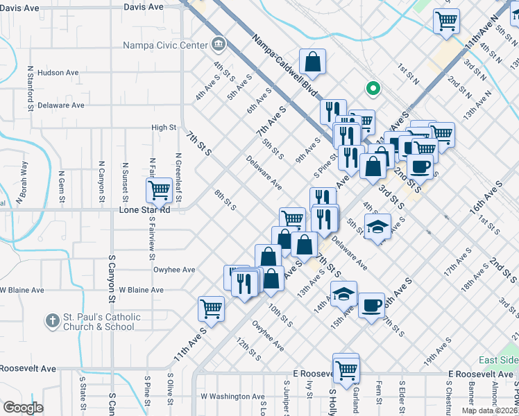 map of restaurants, bars, coffee shops, grocery stores, and more near 815 7th Street South in Nampa