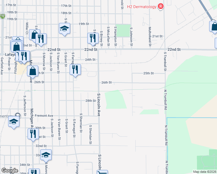 map of restaurants, bars, coffee shops, grocery stores, and more near 2300 26th St in Bay City