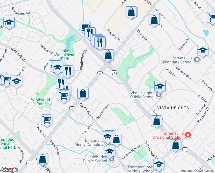 map of restaurants, bars, coffee shops, grocery stores, and more near 5933 Hemingway Road in Mississauga