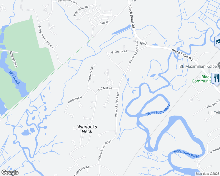 map of restaurants, bars, coffee shops, grocery stores, and more near 9 Old Mill Road in Scarborough