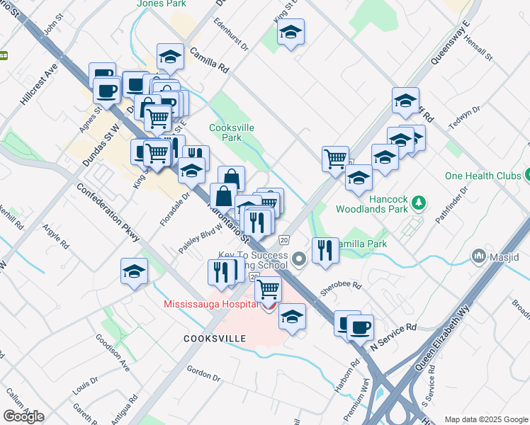 map of restaurants, bars, coffee shops, grocery stores, and more near 2340 Park Towers Avenue in Mississauga