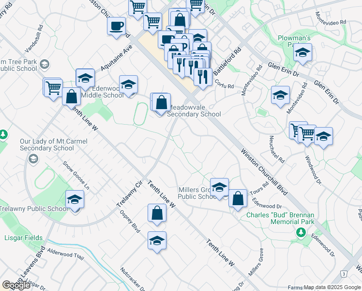 map of restaurants, bars, coffee shops, grocery stores, and more near 6497 Meltzer Mews in Mississauga