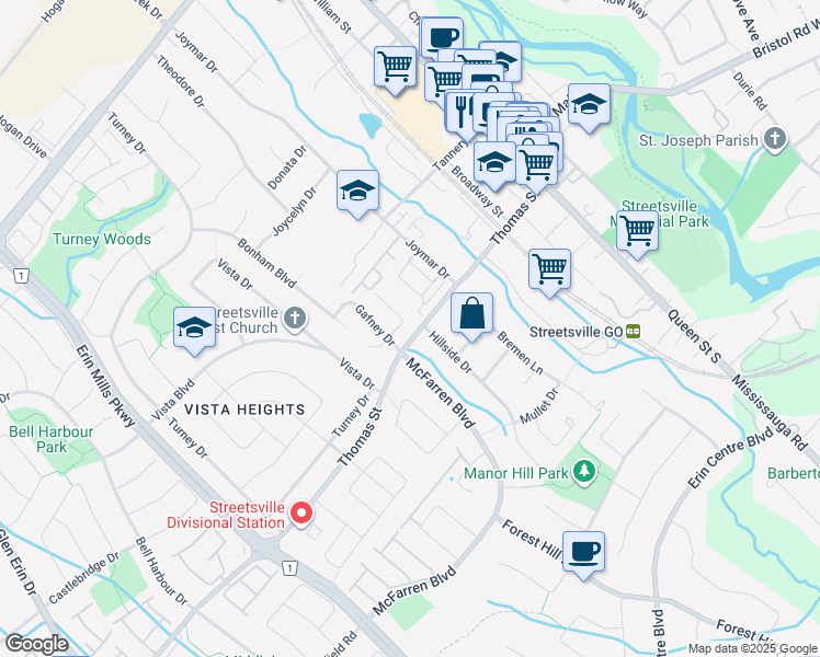map of restaurants, bars, coffee shops, grocery stores, and more near 96 Thomas Street in Mississauga