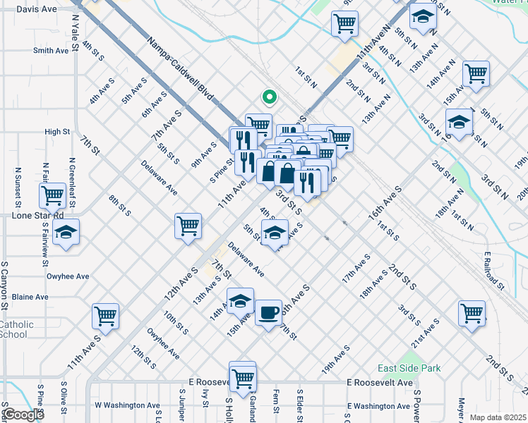 map of restaurants, bars, coffee shops, grocery stores, and more near 4th Street South in Nampa